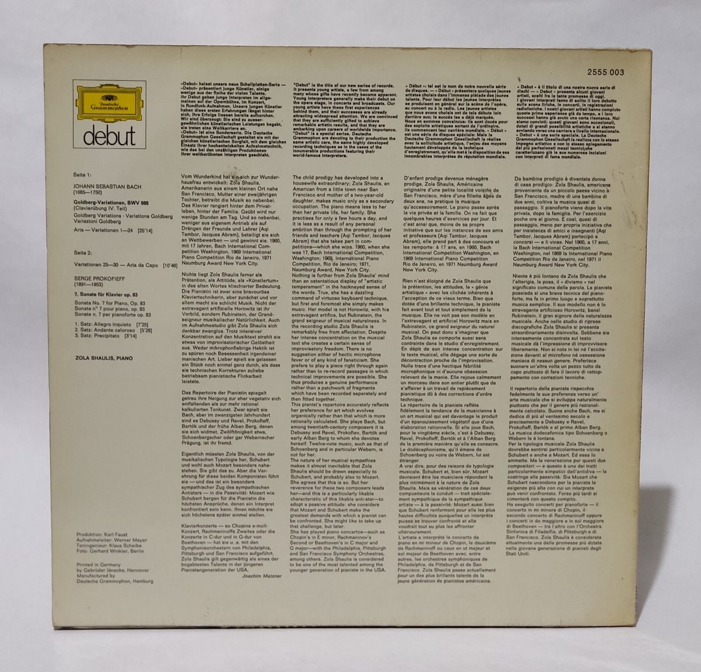 Zola Shaulis - JS Bach/Prokofieff (Piano) - Music Vinyl Record