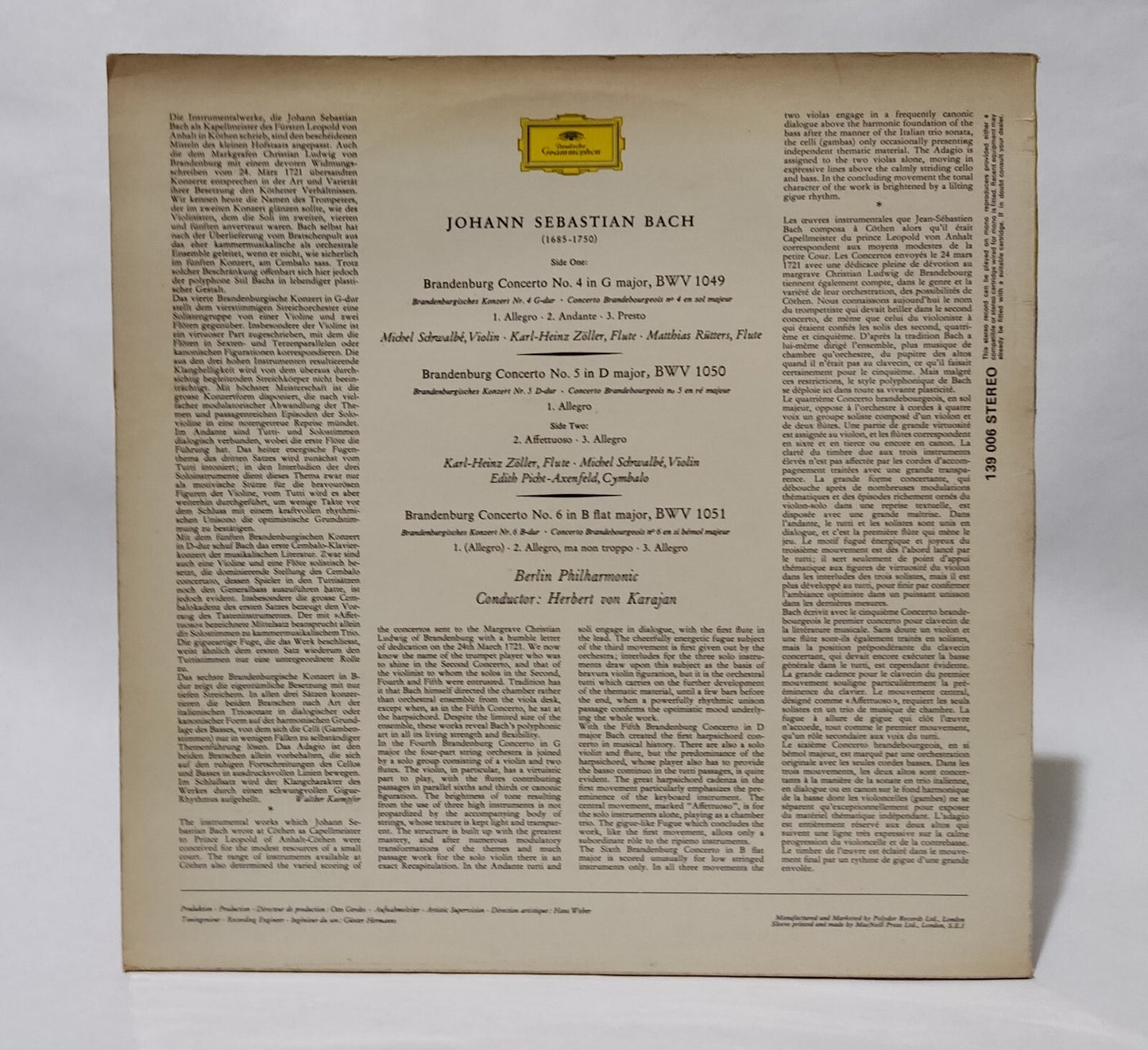 Herbert von Karajan - Bach: Brandenburg Concertos No 4,5,6 - Music Vinyl Record