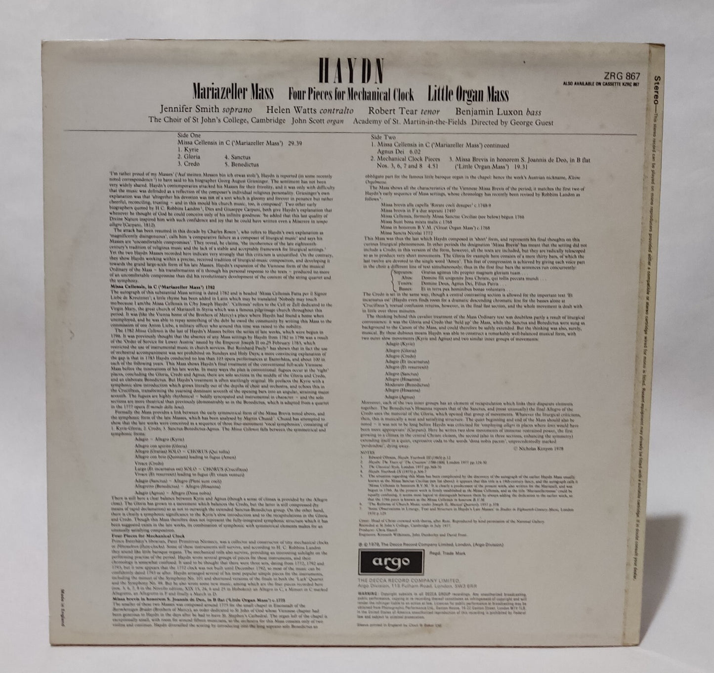 Haydn - Mariazeller Mass/Four Pieces for Mechanical Clock - Music Vinyl Record